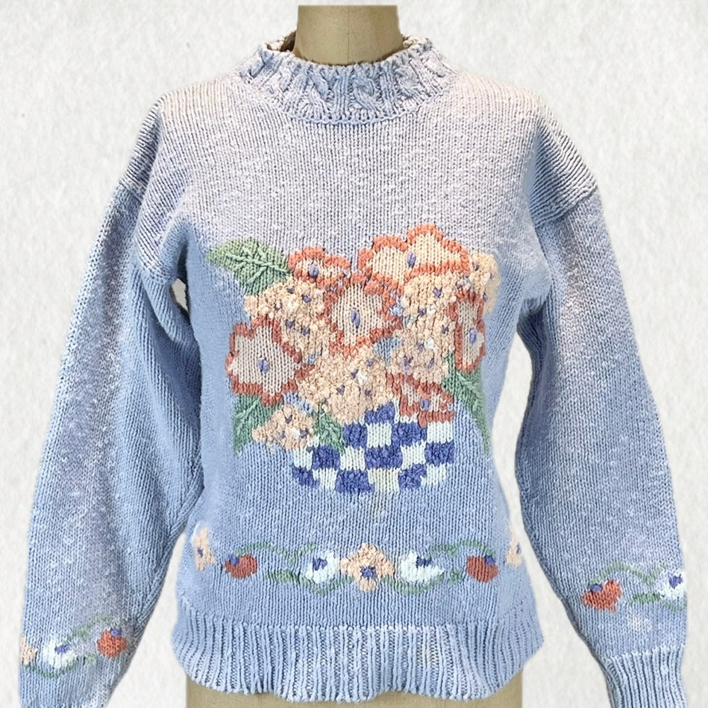 VINTAGE 90s flower bouquet chunky knit sweater pastel floral lavender cottage